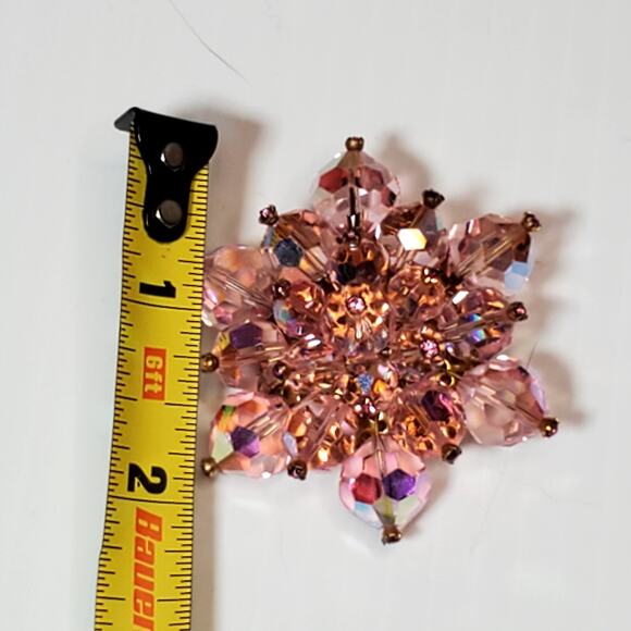 Vtg Austrian Crystal Aurora Borealis Flower Pink Cluster Gold Tone 2" Unsigned - Picture 8 of 8